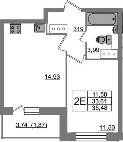 2-комнатная 37 м<sup>2</sup> на 21 этаже 2-комнатная 37 м<sup>2</sup> на 21 этаже