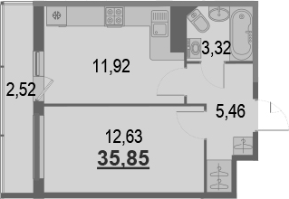 1-комнатная 38 м<sup>2</sup> на 3 этаже 1-комнатная 38 м<sup>2</sup> на 3 этаже