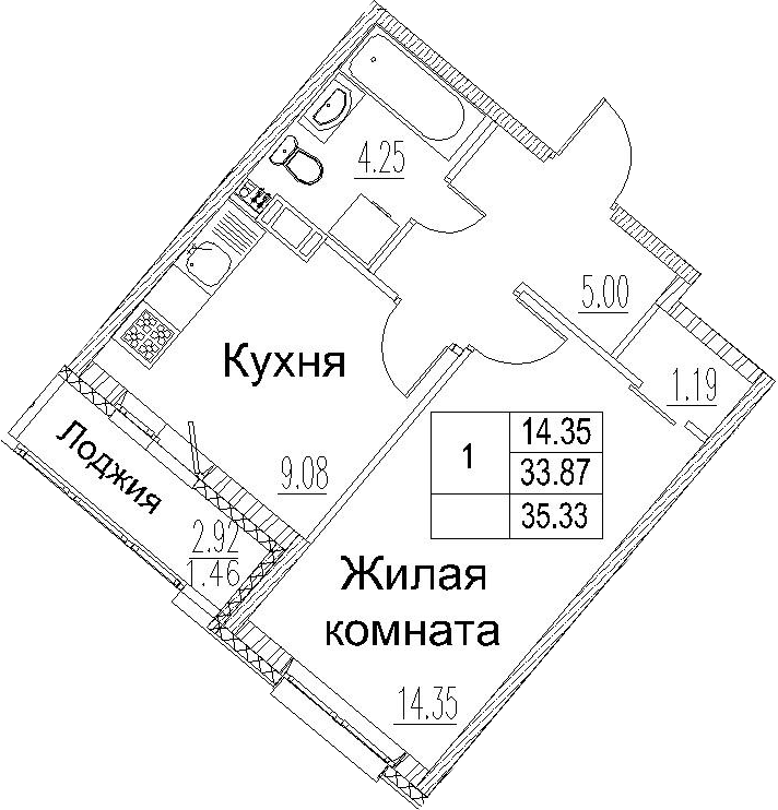 1-комнатная 36 м<sup>2</sup> на 3 этаже 1-комнатная 36 м<sup>2</sup> на 3 этаже