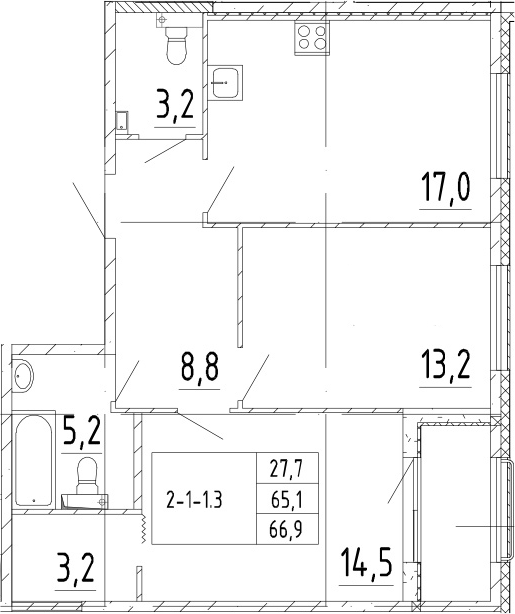 3-комнатная 68 м<sup>2</sup> на 2 этаже 3-комнатная 68 м<sup>2</sup> на 2 этаже