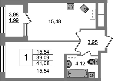 1-комнатная 43 м<sup>2</sup> на 3 этаже 1-комнатная 43 м<sup>2</sup> на 3 этаже