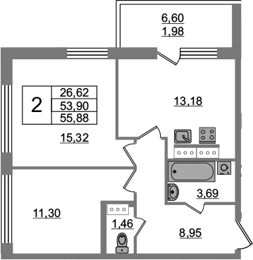 2-комнатная 60 м<sup>2</sup> на 15 этаже 2-комнатная 60 м<sup>2</sup> на 15 этаже