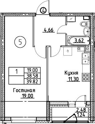 1-комнатная 41 м<sup>2</sup> на 2 этаже 1-комнатная 41 м<sup>2</sup> на 2 этаже