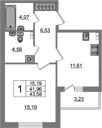 1-комнатная 45 м<sup>2</sup> на 1 этаже 1-комнатная 45 м<sup>2</sup> на 1 этаже