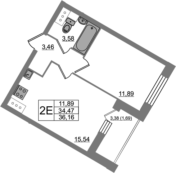 2-комнатная 37 м<sup>2</sup> на 3 этаже 2-комнатная 37 м<sup>2</sup> на 3 этаже