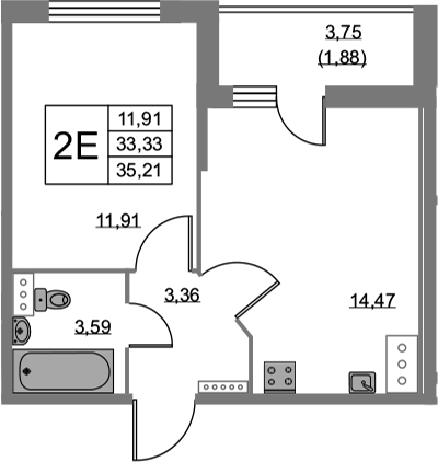 2-комнатная 37 м<sup>2</sup> на 2 этаже 2-комнатная 37 м<sup>2</sup> на 2 этаже