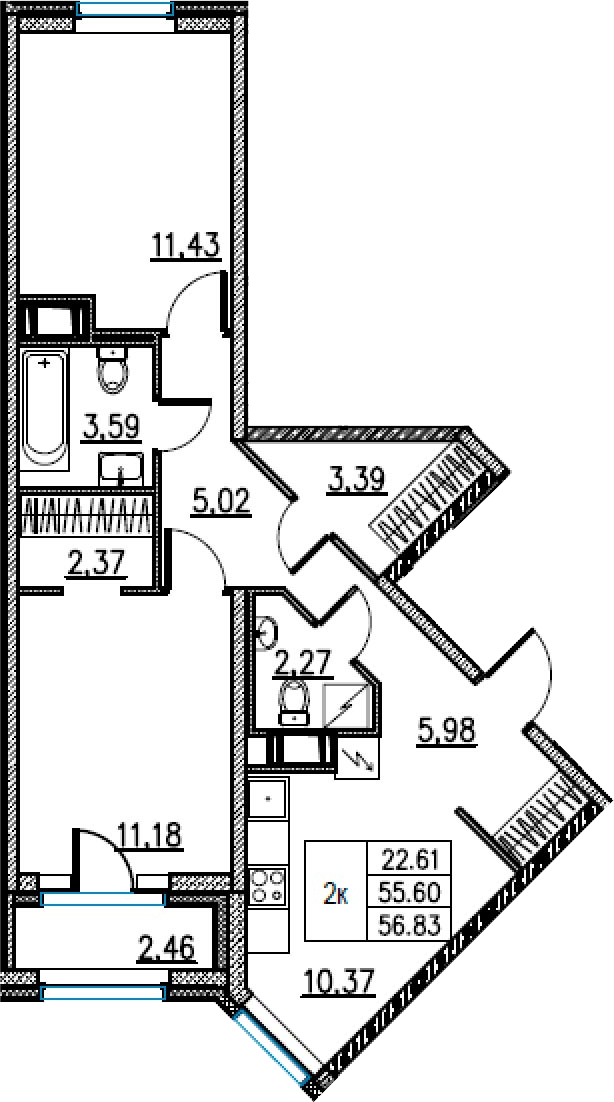 2-комнатная 58 м<sup>2</sup> на 9 этаже 2-комнатная 58 м<sup>2</sup> на 9 этаже