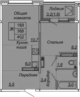 2-комнатная 41 м<sup>2</sup> на 9 этаже 2-комнатная 41 м<sup>2</sup> на 9 этаже