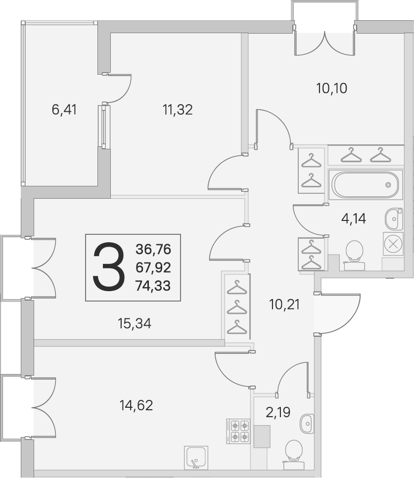 3-комнатная 74 м<sup>2</sup> на 3 этаже 3-комнатная 74 м<sup>2</sup> на 3 этаже