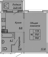 1-комнатная 38 м<sup>2</sup> на 6 этаже 1-комнатная 38 м<sup>2</sup> на 6 этаже