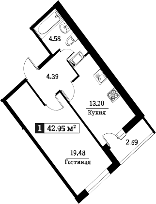 1-комнатная 44 м<sup>2</sup> на 9 этаже 1-комнатная 44 м<sup>2</sup> на 9 этаже