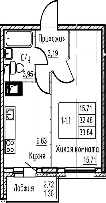 1-комнатная 35 м<sup>2</sup> на 8 этаже 1-комнатная 35 м<sup>2</sup> на 8 этаже