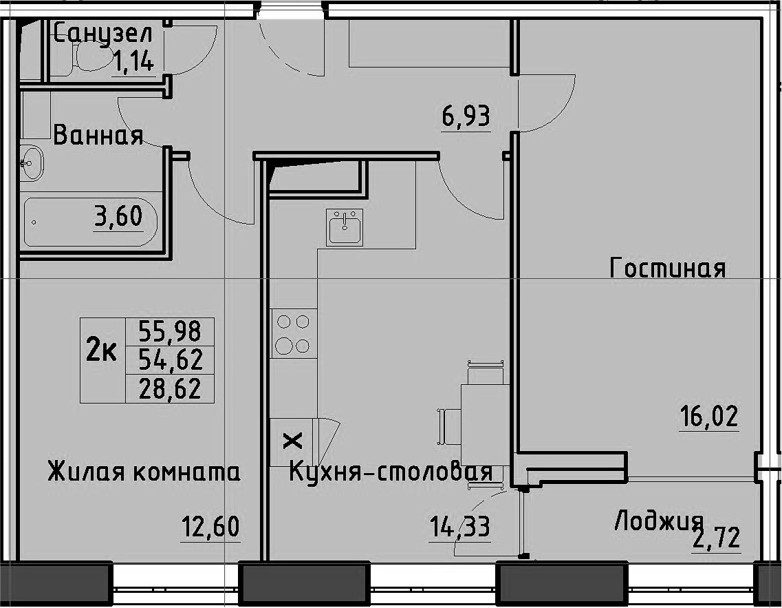 2-комнатная 57 м<sup>2</sup> на 1 этаже 2-комнатная 57 м<sup>2</sup> на 1 этаже