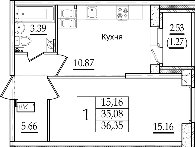 1-комнатная 37 м<sup>2</sup> на 7 этаже 1-комнатная 37 м<sup>2</sup> на 7 этаже