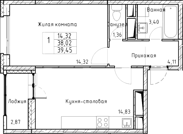 1-комнатная 40 м<sup>2</sup> на 6 этаже 1-комнатная 40 м<sup>2</sup> на 6 этаже