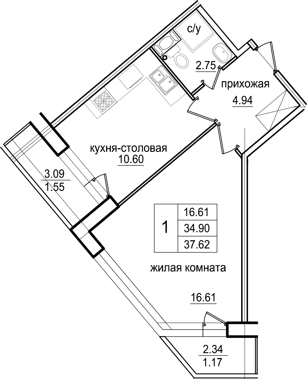1-комнатная 40 м<sup>2</sup> на 2 этаже 1-комнатная 40 м<sup>2</sup> на 2 этаже
