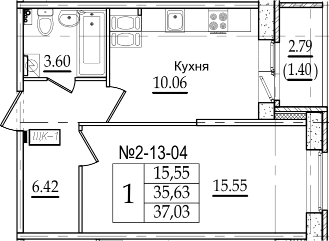 1-комнатная 38 м<sup>2</sup> на 15 этаже 1-комнатная 38 м<sup>2</sup> на 15 этаже
