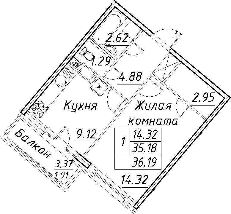 1-комнатная 38 м<sup>2</sup> на 3 этаже 1-комнатная 38 м<sup>2</sup> на 3 этаже