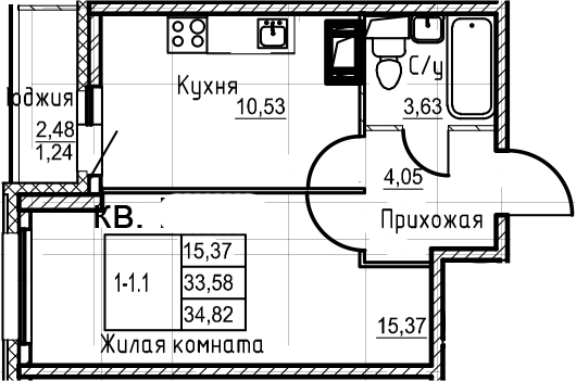 1-комнатная 36 м<sup>2</sup> на 9 этаже 1-комнатная 36 м<sup>2</sup> на 9 этаже