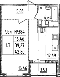 1-комнатная 42 м<sup>2</sup> на 2 этаже 1-комнатная 42 м<sup>2</sup> на 2 этаже