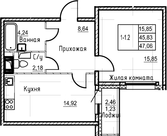 2-комнатная 48 м<sup>2</sup> на 4 этаже 2-комнатная 48 м<sup>2</sup> на 4 этаже