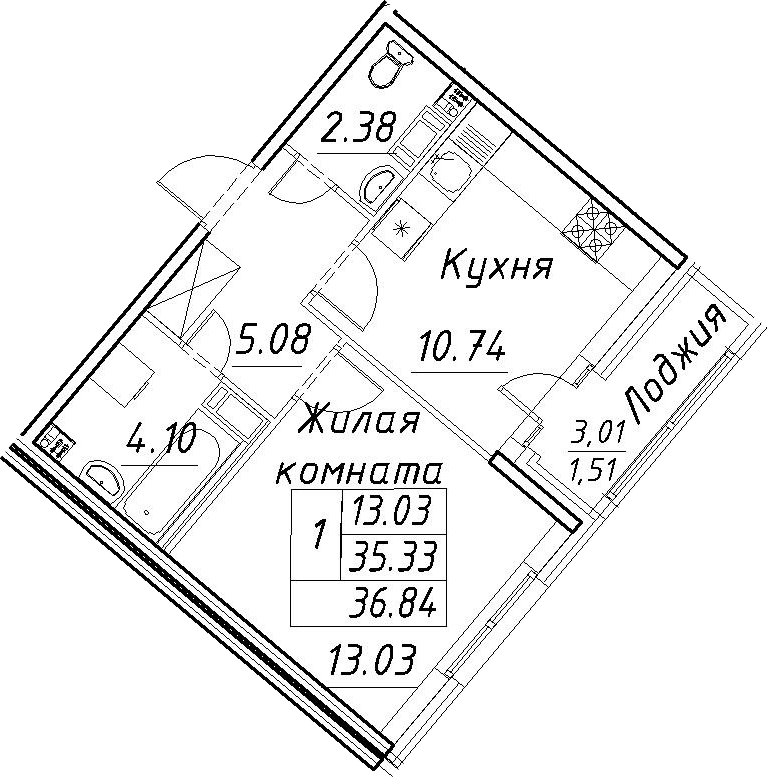 1-комнатная 38 м<sup>2</sup> на 11 этаже 1-комнатная 38 м<sup>2</sup> на 11 этаже