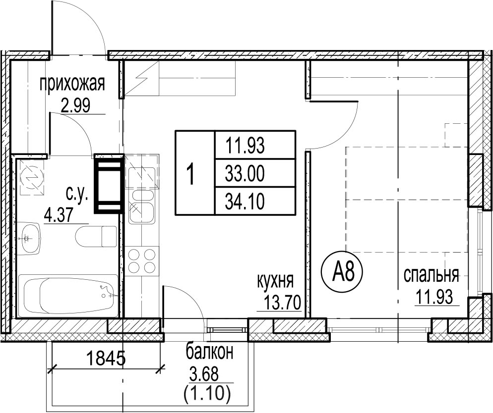 1-комнатная 35 м<sup>2</sup> на 3 этаже 1-комнатная 35 м<sup>2</sup> на 3 этаже