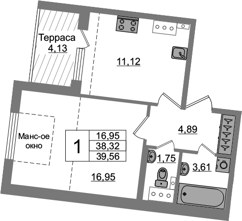 1-комнатная 42 м<sup>2</sup> на 5 этаже 1-комнатная 42 м<sup>2</sup> на 5 этаже