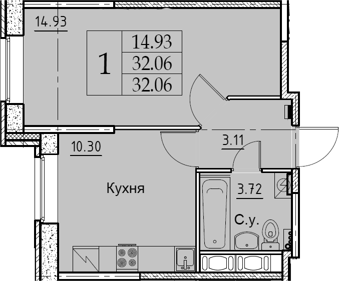1-комнатная 32 м<sup>2</sup> на 2 этаже 1-комнатная 32 м<sup>2</sup> на 2 этаже