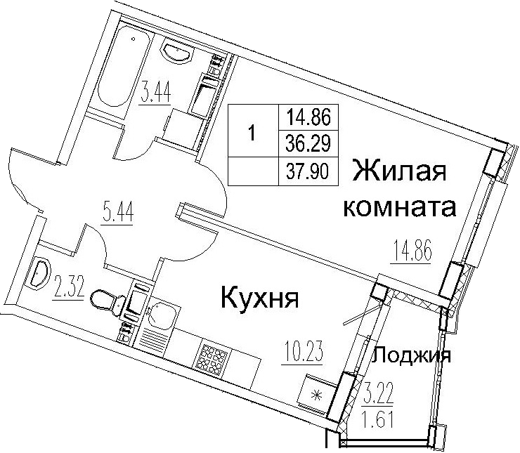 1-комнатная 39 м<sup>2</sup> на 7 этаже 1-комнатная 39 м<sup>2</sup> на 7 этаже