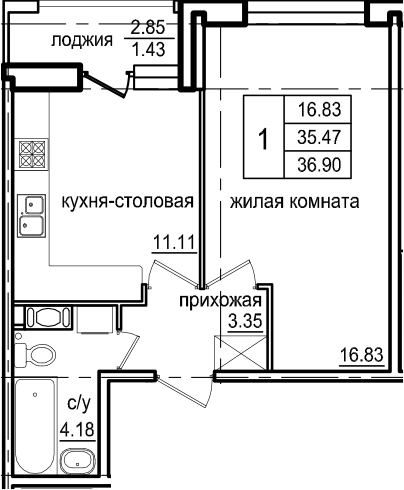 1-комнатная 38 м<sup>2</sup> на 5 этаже 1-комнатная 38 м<sup>2</sup> на 5 этаже