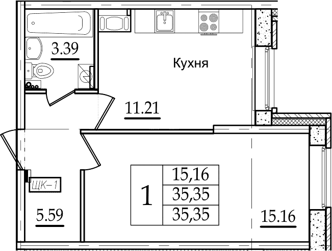 1-комнатная 35 м<sup>2</sup> на 1 этаже 1-комнатная 35 м<sup>2</sup> на 1 этаже