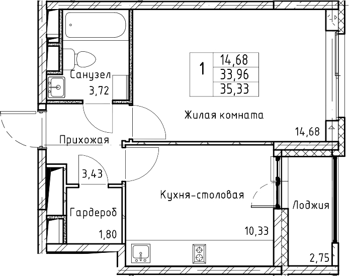 1-комнатная 36 м<sup>2</sup> на 11 этаже 1-комнатная 36 м<sup>2</sup> на 11 этаже