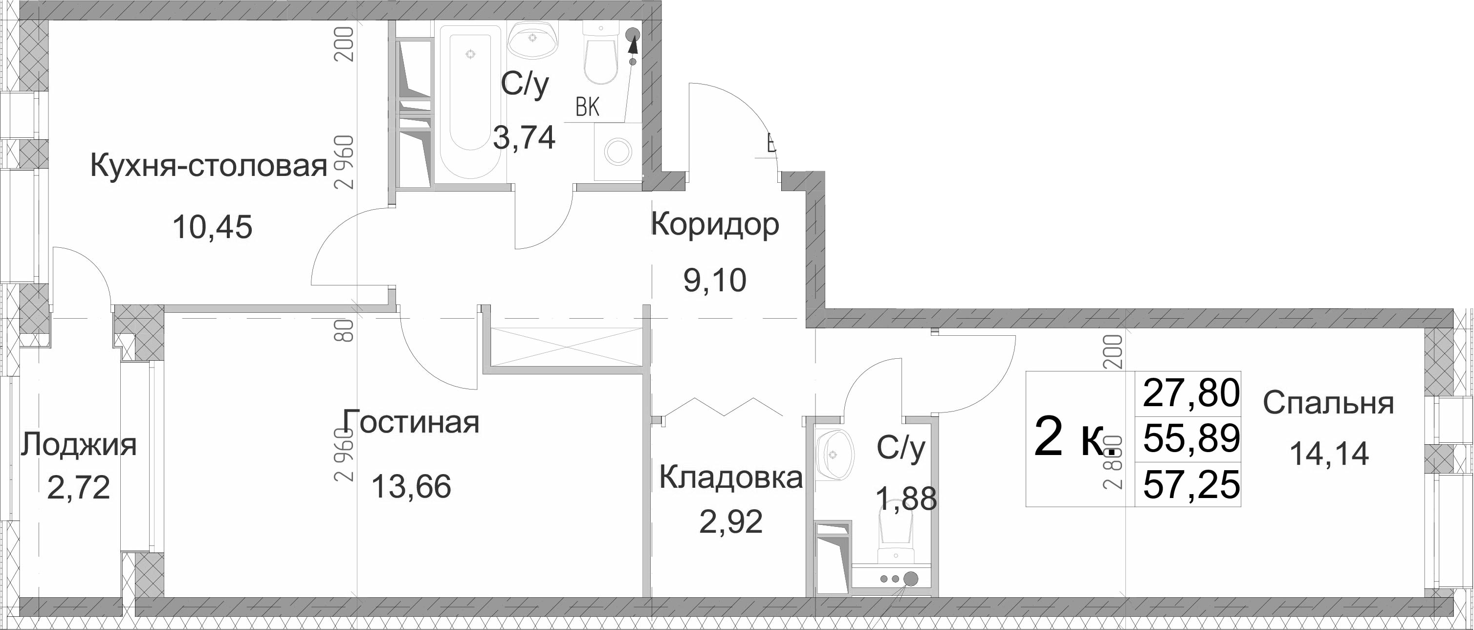 2-комнатная 58 м<sup>2</sup> на 13 этаже 2-комнатная 58 м<sup>2</sup> на 13 этаже