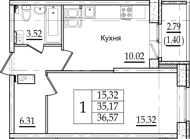 1-комнатная 37 м<sup>2</sup> на 2 этаже 1-комнатная 37 м<sup>2</sup> на 2 этаже