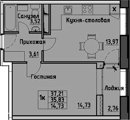 1-комнатная 38 м<sup>2</sup> на 11 этаже 1-комнатная 38 м<sup>2</sup> на 11 этаже