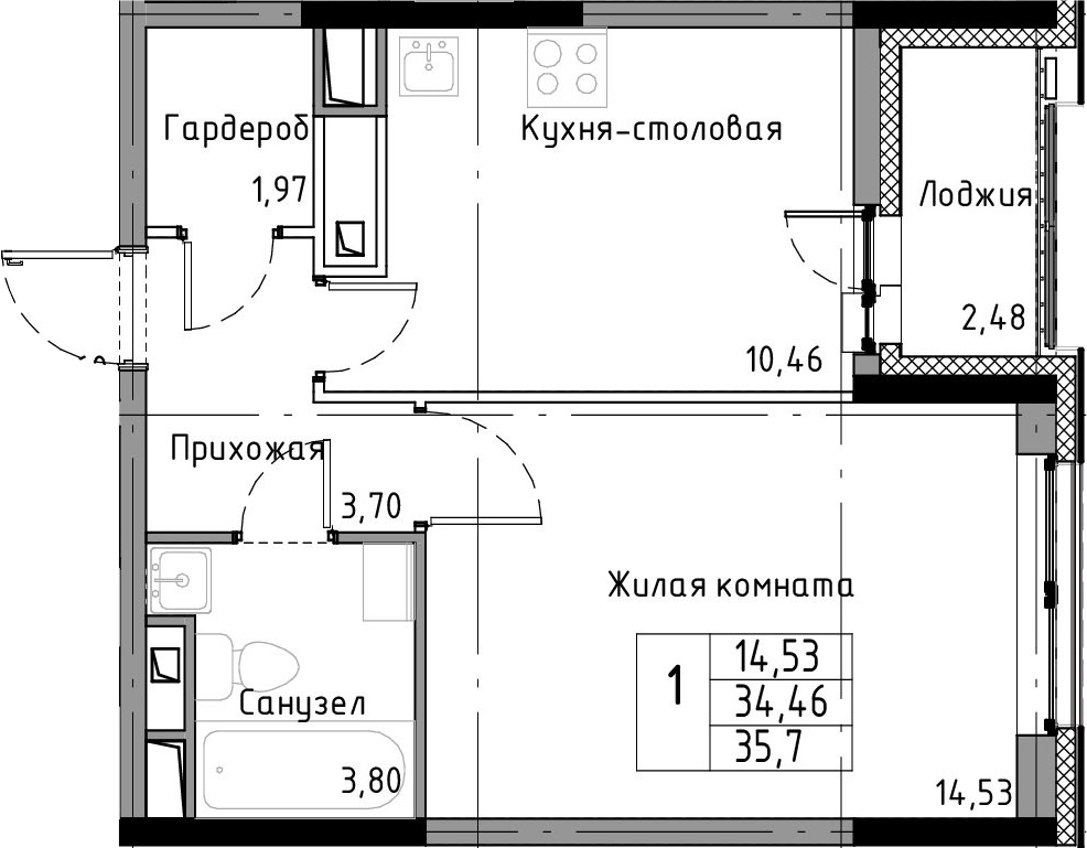 1-комнатная 36 м<sup>2</sup> на 3 этаже 1-комнатная 36 м<sup>2</sup> на 3 этаже
