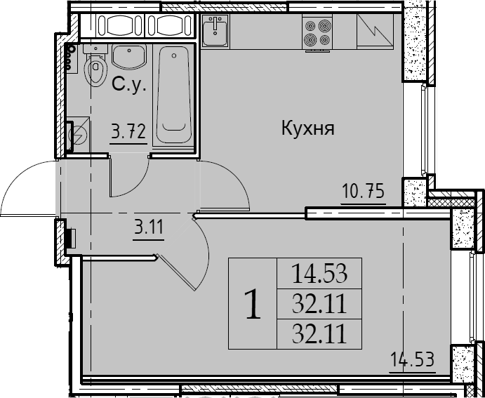 1-комнатная 32 м<sup>2</sup> на 1 этаже 1-комнатная 32 м<sup>2</sup> на 1 этаже
