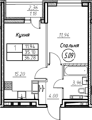 2-комнатная 37 м<sup>2</sup> на 6 этаже 2-комнатная 37 м<sup>2</sup> на 6 этаже
