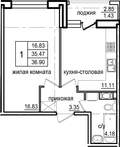 1-комнатная 38 м<sup>2</sup> на 2 этаже 1-комнатная 38 м<sup>2</sup> на 2 этаже