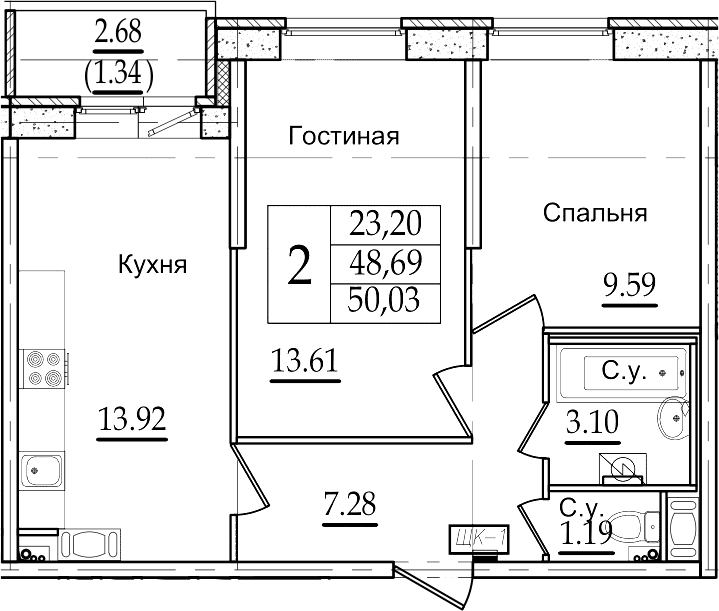 2-комнатная 51 м<sup>2</sup> на 2 этаже 2-комнатная 51 м<sup>2</sup> на 2 этаже