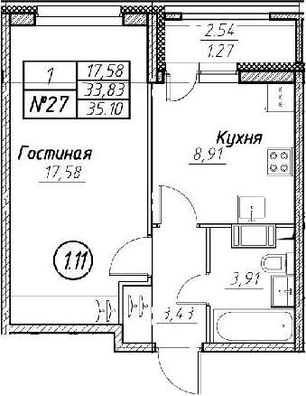 1-комнатная 36 м<sup>2</sup> на 11 этаже 1-комнатная 36 м<sup>2</sup> на 11 этаже