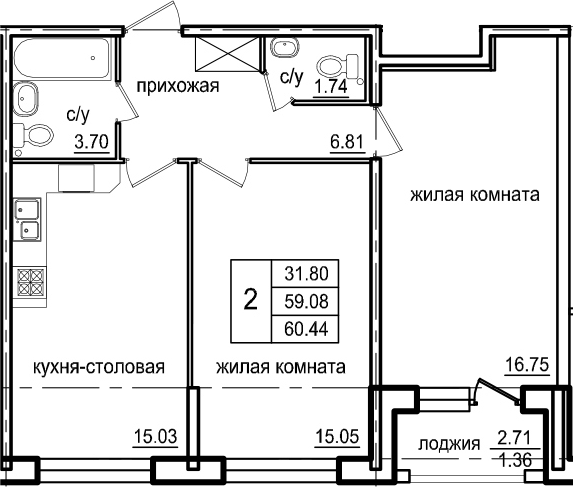 2-комнатная 61 м<sup>2</sup> на 1 этаже 2-комнатная 61 м<sup>2</sup> на 1 этаже