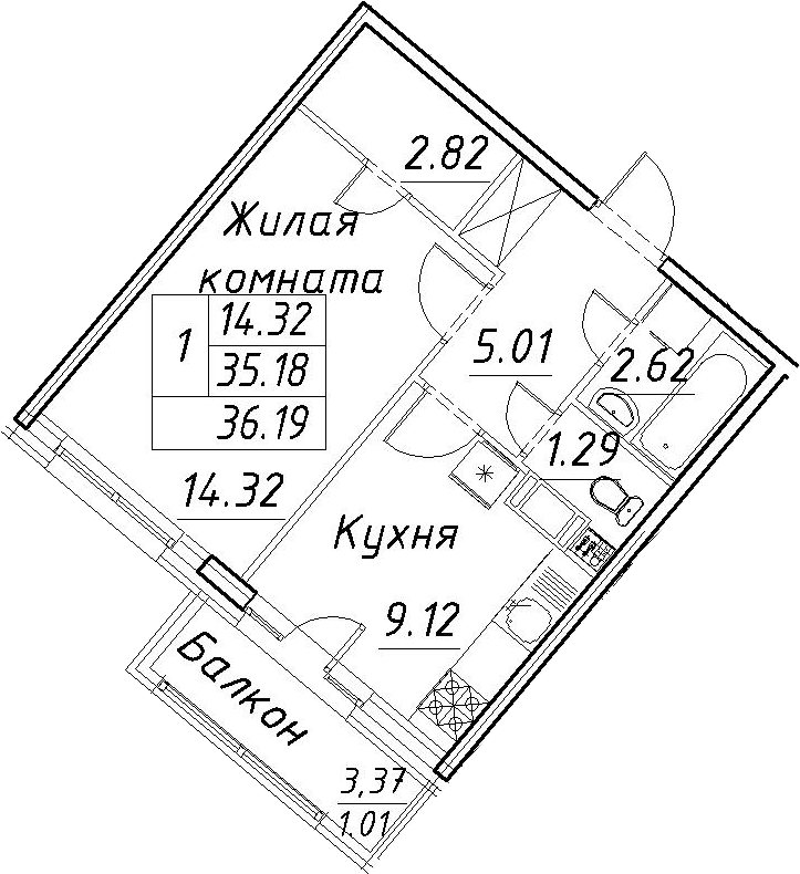 1-комнатная 38 м<sup>2</sup> на 5 этаже 1-комнатная 38 м<sup>2</sup> на 5 этаже