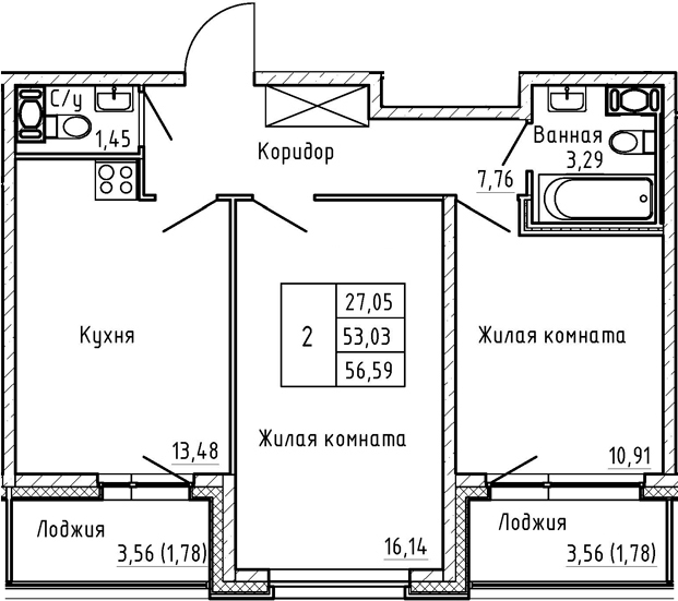 2-комнатная 60 м<sup>2</sup> на 6 этаже 2-комнатная 60 м<sup>2</sup> на 6 этаже