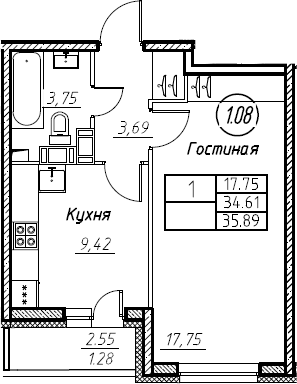 1-комнатная 37 м<sup>2</sup> на 14 этаже 1-комнатная 37 м<sup>2</sup> на 14 этаже