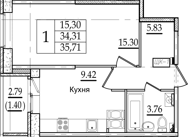 1-комнатная 37 м<sup>2</sup> на 15 этаже 1-комнатная 37 м<sup>2</sup> на 15 этаже
