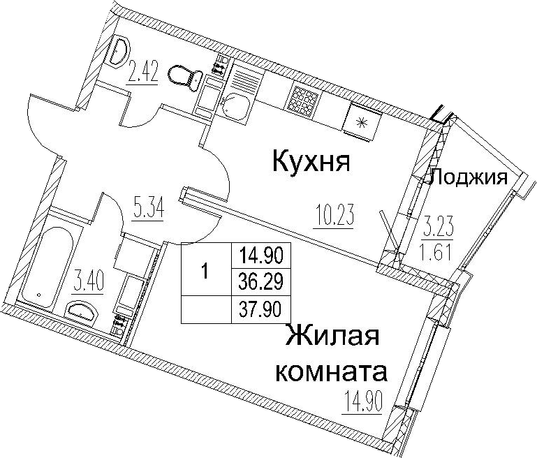 1-комнатная 39 м<sup>2</sup> на 3 этаже 1-комнатная 39 м<sup>2</sup> на 3 этаже