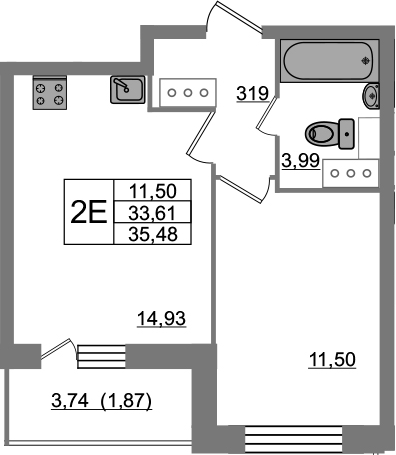 2-комнатная 37 м<sup>2</sup> на 4 этаже 2-комнатная 37 м<sup>2</sup> на 4 этаже