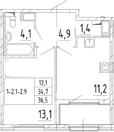 1-комнатная 38 м<sup>2</sup> на 6 этаже 1-комнатная 38 м<sup>2</sup> на 6 этаже